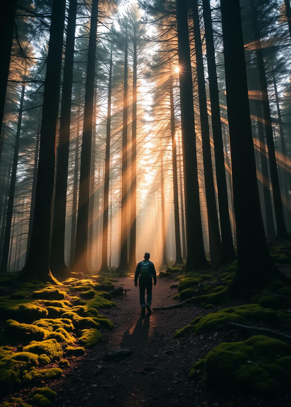 Woman meditating in a sunlit forest