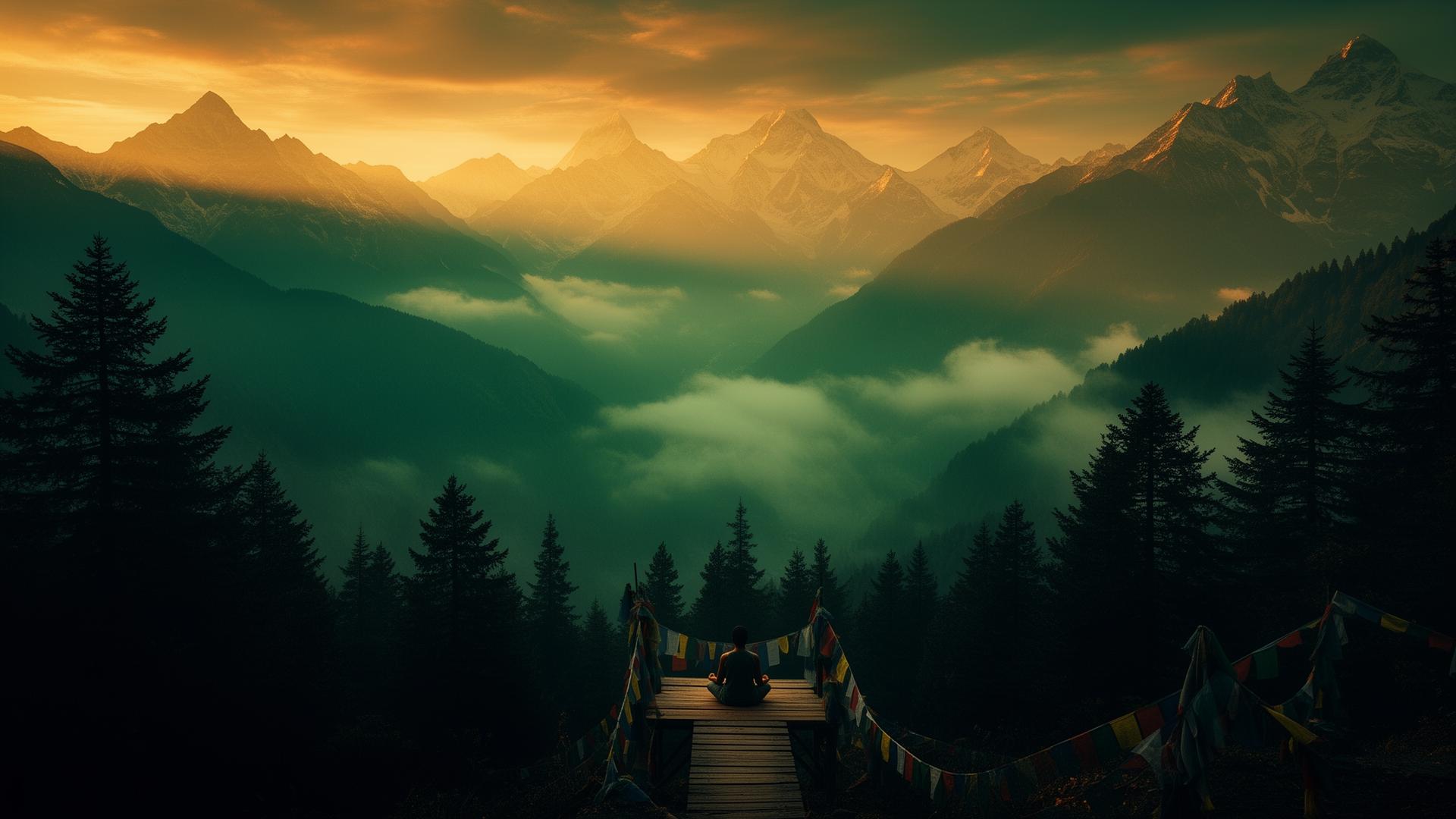 Misty Himalayan mountains at golden hour