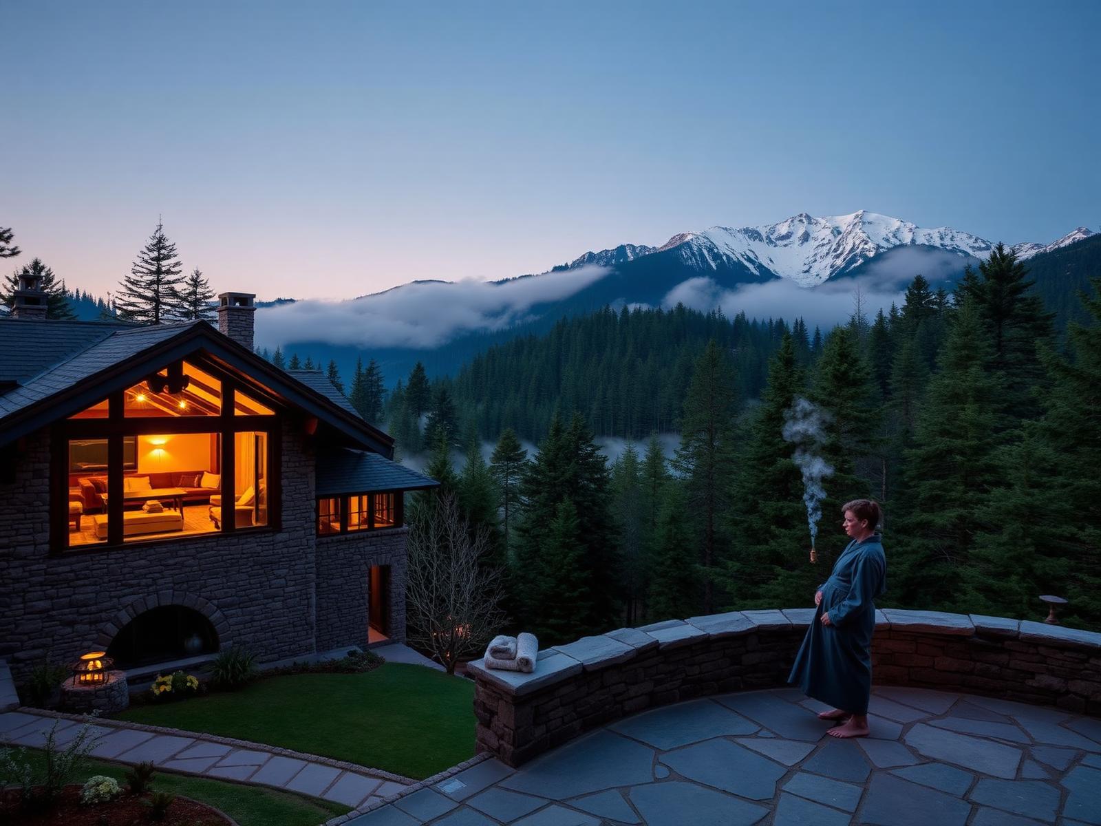 Healing Horizons mountain lodge surrounded by cedar forest at dusk